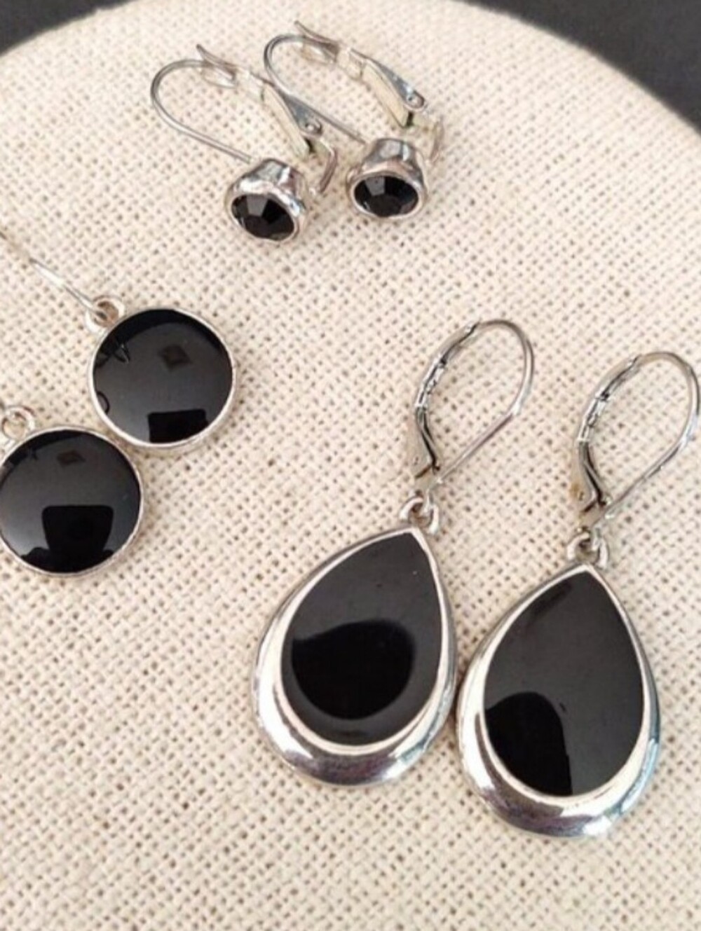 Three Pairs Of Classic Black Teardrop Silver Earrings - Women Jewelry